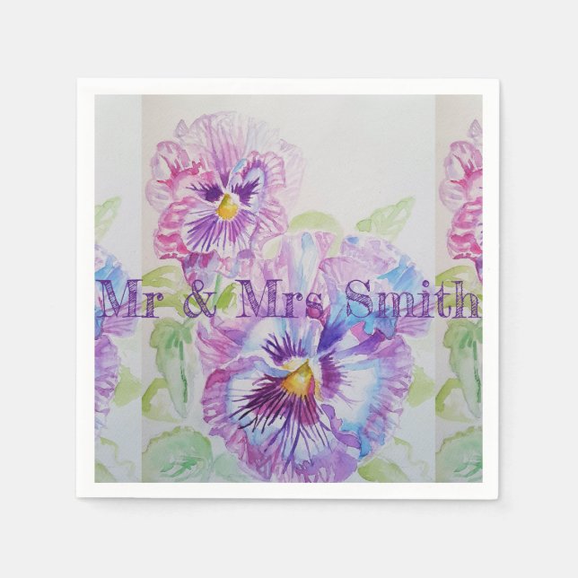 Purple Shabby Pansy Watercolour Serviette Napkins (Front)