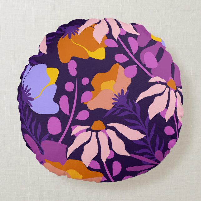 Purple Shade Modern Flowers Round Pillow (Front)