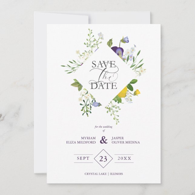 Purple Shades Fancy Romantic Floral Bouquet Save The Date (Front)