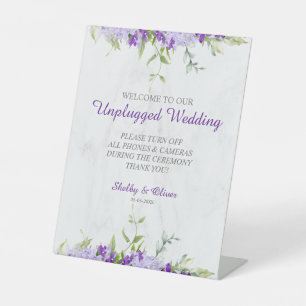 Purple Shades Flowers Branches Unplugged Wedding Pedestal Sign