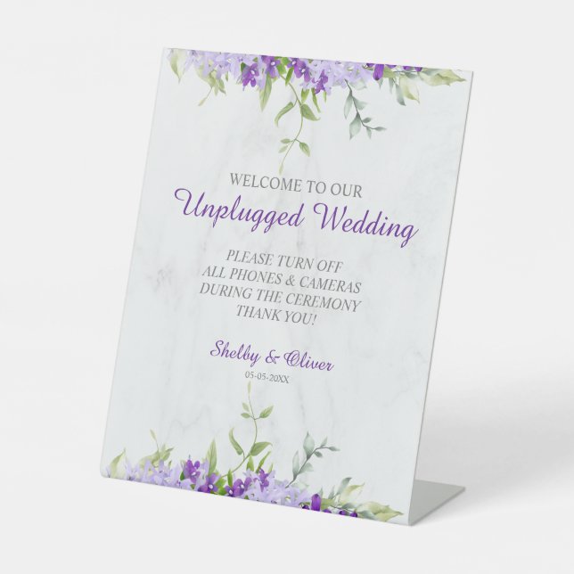 Purple Shades Flowers Branches Unplugged Wedding Pedestal Sign (Front)