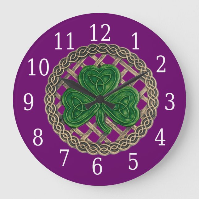 Purple Shamrock And Celtic Knots Round Clock (Front)