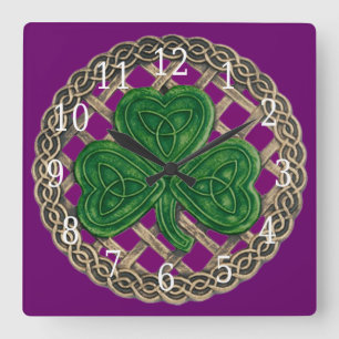 Purple Shamrock And Celtic Knots Square Clock