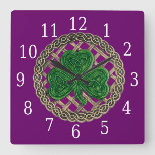 Purple Shamrock And Celtic Knots Square Clock
