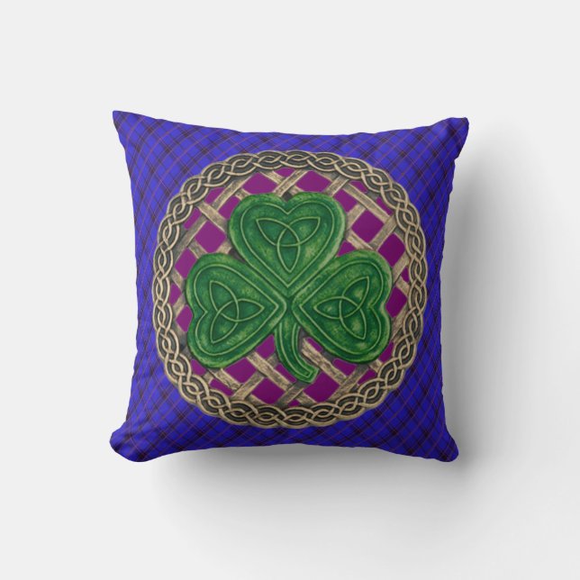Purple Shamrock Celtic Knots On Blue Plaid Cushion (Front)