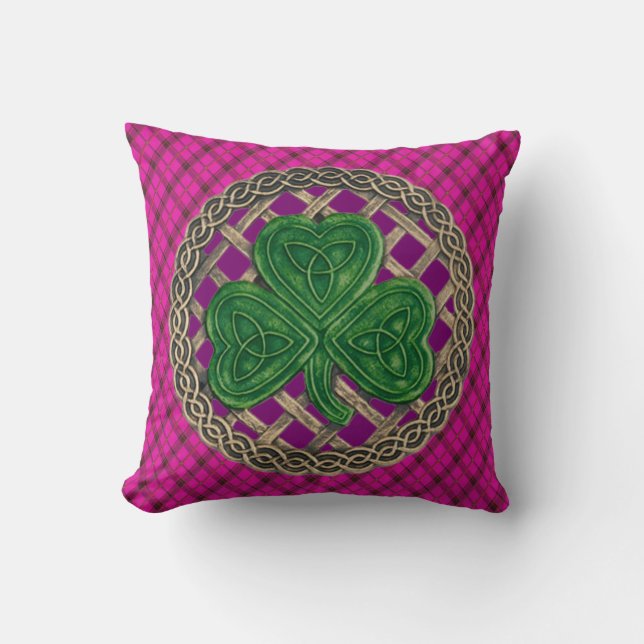 Purple Shamrock Celtic Knots On Pink Plaid Cushion (Front)