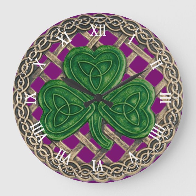 Purple Shamrock & Celtic Knots Roman Numeral Clock (Front)