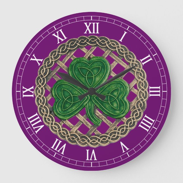 Purple Shamrock & Celtic Knots Roman Numeral Clock (Front)