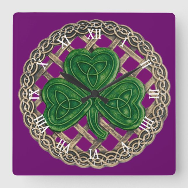 Purple Shamrock & Celtic Knots Roman Numeral Clock (Front)
