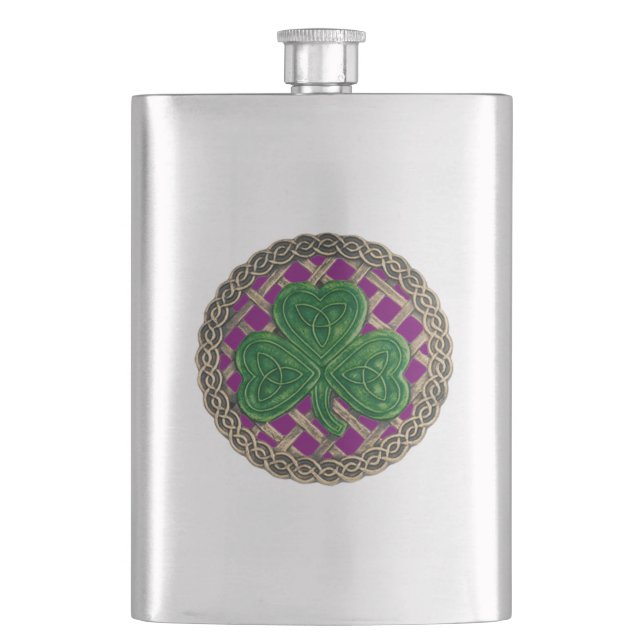 Purple Shamrock On Celtic Knots Flask (Front)