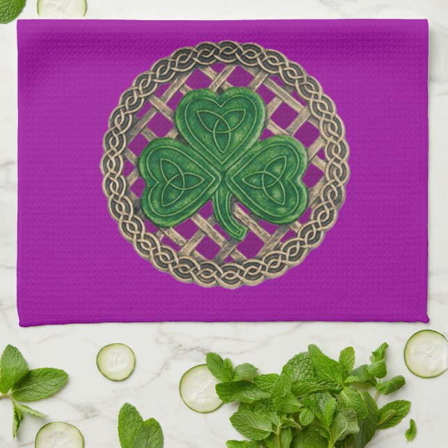 Purple Shamrock On Celtic Knots Kitchen Towel (Folded)