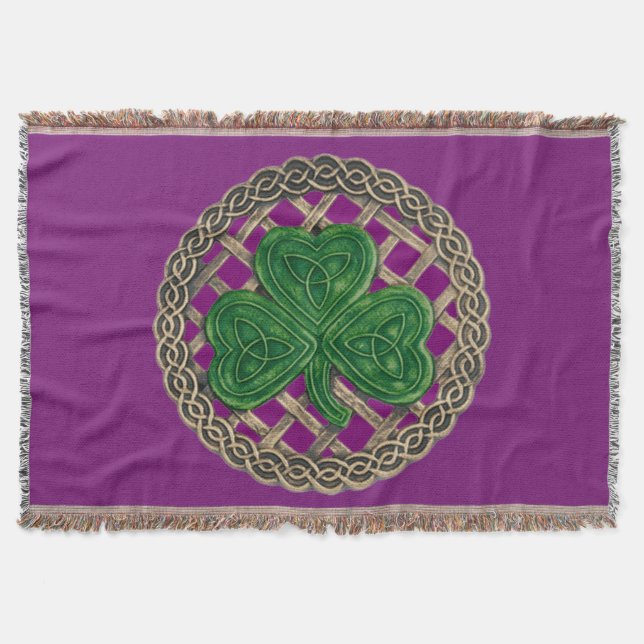 Purple Shamrock On Celtic Knots Throw Blanket (Front)