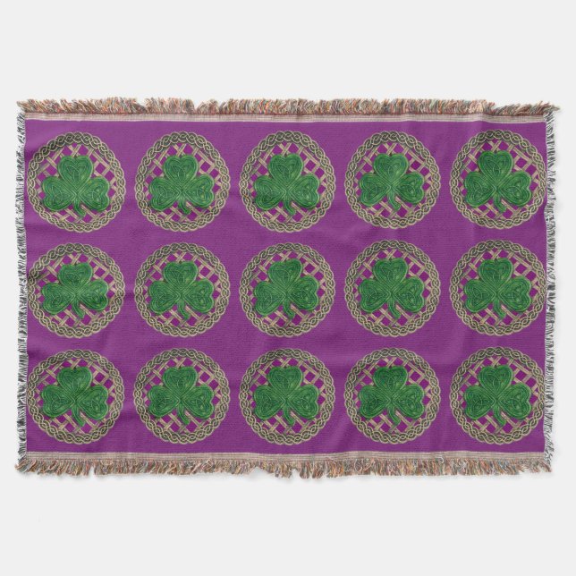 Purple Shamrock On Celtic Knots Throw Blanket (Front)