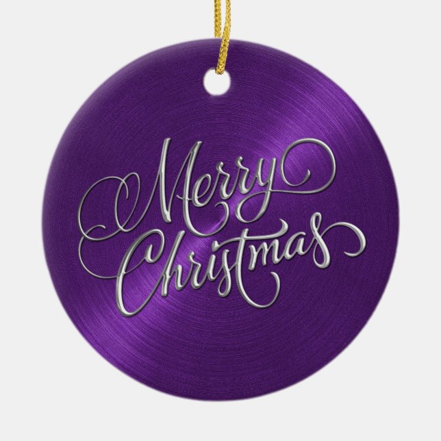 Purple Sheen and Silver Merry Christmas Ceramic Tree Decoration (Front)