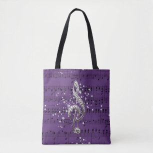 Purple Sheet Music Silver Treble Clef & Confetti Tote Bag