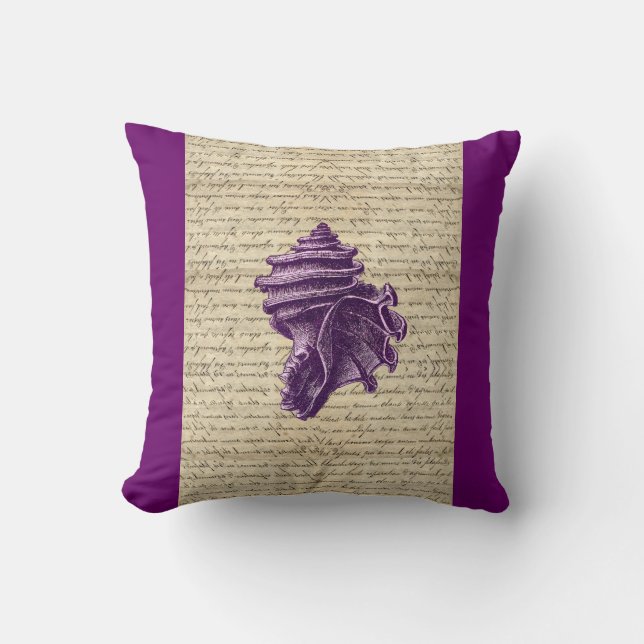 Purple shell on vintage letter  background cushion (Front)
