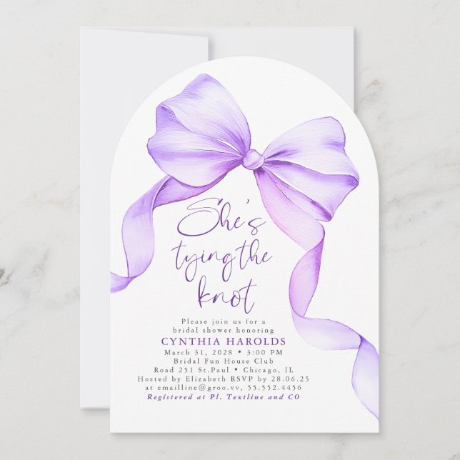 Purple She's Tying the Knot Bridal Shower Photo Invitation (Front)