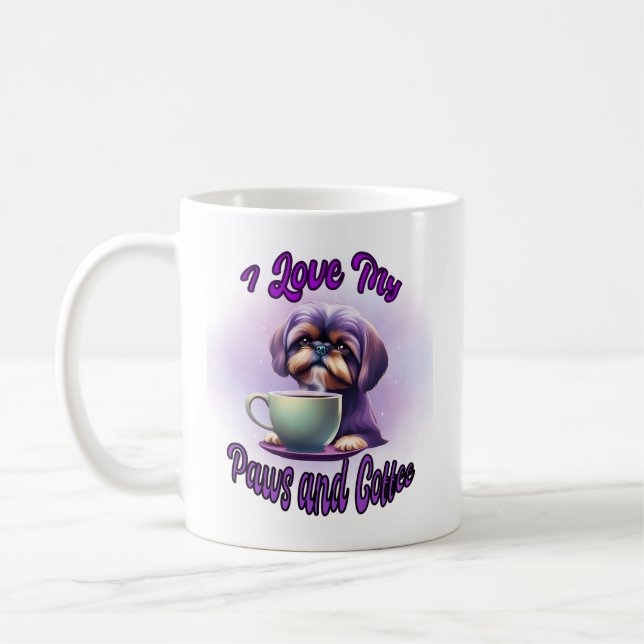 Purple Shih Tzu: I love my paws and coffee Mug (Left)
