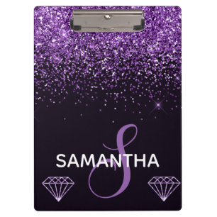 Purple Shimmer Glitter & Diamonds Monogram Clipboard