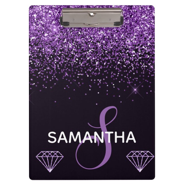 Purple Shimmer Glitter & Diamonds Monogram Clipboard (Front)