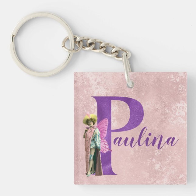 Purple Shimmer Illustrated Letter P Add Name Key Ring (Front)