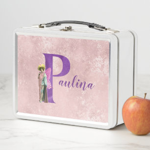 Purple Shimmer Illustrated Letter P Add Name  Metal Lunch Box