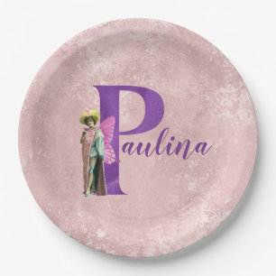 Purple Shimmer Illustrated Letter P Add Name  Paper Plate
