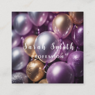 Purple Shiny Balloons Party Wedding Glitter Square Business Card