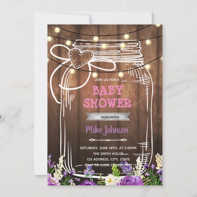 Purple shower mason jar birthday invitation (Front)