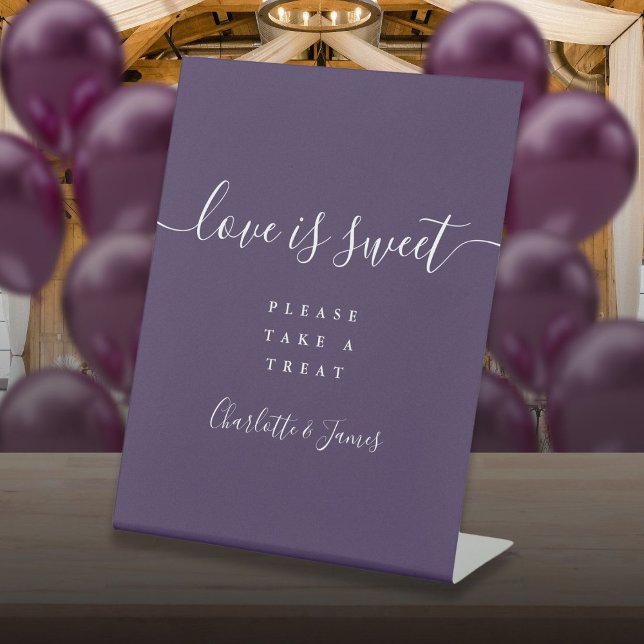 Purple Signature Script Love Is Sweet Favour Pedestal Sign (Purple Signature Script Love Is Sweet Favor Pedestal Sign)