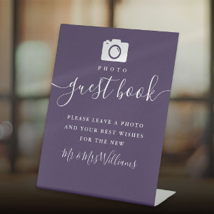 Purple Signature Script Photo Guest Book Pedestal Sign