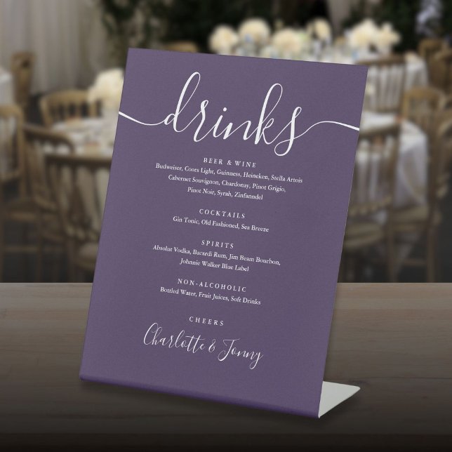 Purple Signature Script Wedding Drinks Menu  Pedestal Sign (Purple Signature Script Wedding Drinks Menu Pedestal Sign)