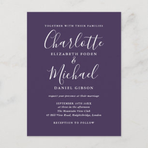 Purple Signature Script Wedding Invitation Postcard