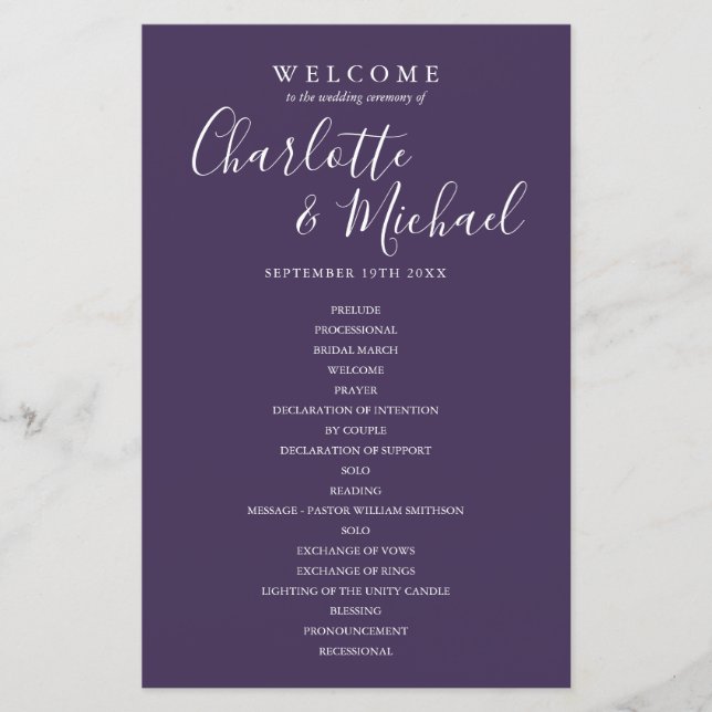 Purple Signature Script Wedding Program (Front)