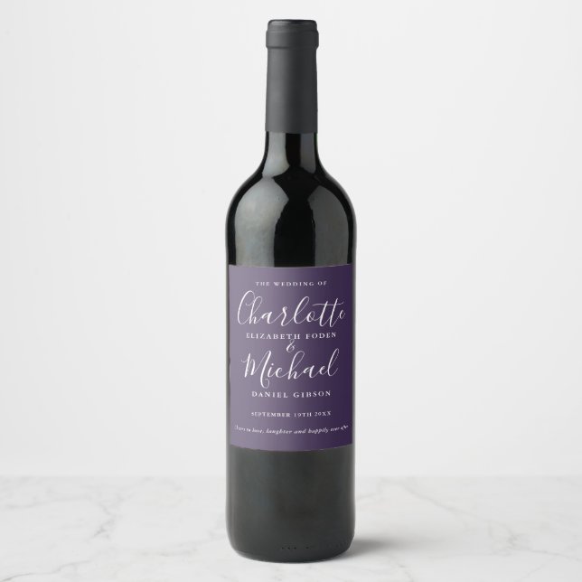 Purple Signature Script Wedding Wine Label (Front)