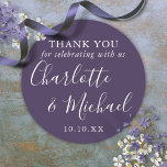 Purple Signature Wedding Favour Thank You Classic Round Sticker<br><div class="desc">Purple signature wedding favour thank you classic round sticker featuring signature style names. Personalise with your special thank you information in chic white typography. Designed by Thisisnotme©</div>