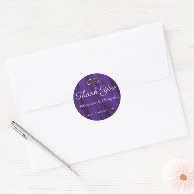 Purple Silk and Gold Wedding Thank You Classic Round Sticker (Envelope)