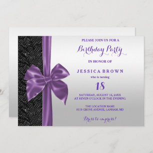 Purple Silk Bow Black Sequins 18th Birthday Invitation