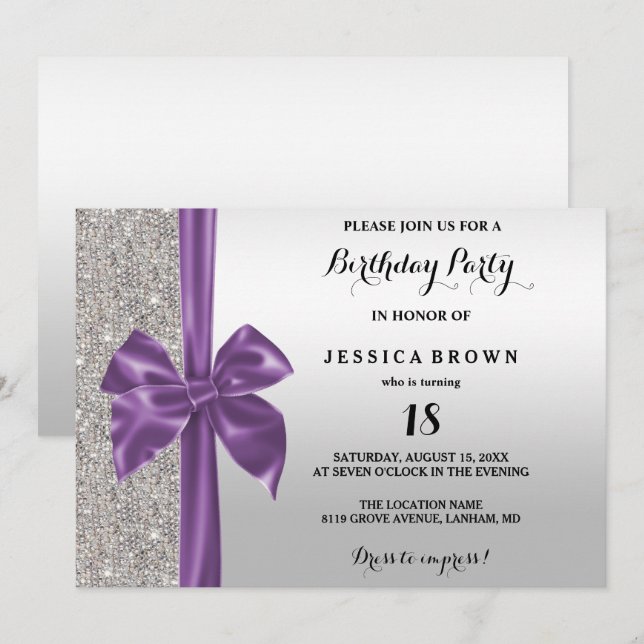 Purple Silk Bow Silver Sequins 18th Birthday Invitation (Front/Back)