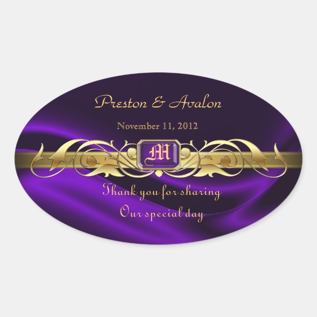 Purple Silk Gold Scroll Oval Wedding Wine Sticker (Front)