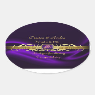 Purple Silk Gold Scroll Oval Wedding Wine Sticker