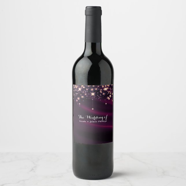 Purple Silk & Gold Sparkle Custom Wedding Party Wine Label (Front)