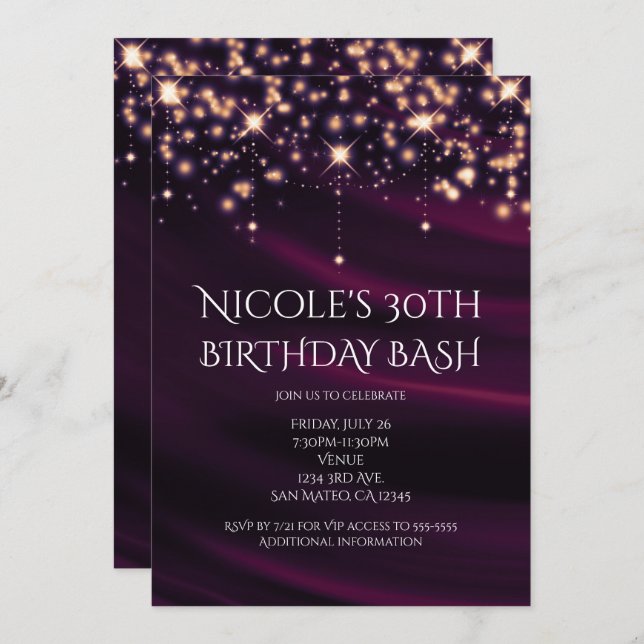 Purple Silk & Gold Sparkle Glam Party Invitation (Front/Back)