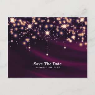 Purple Silk & Gold Sparkle Glam Save the Date Announcement Postcard