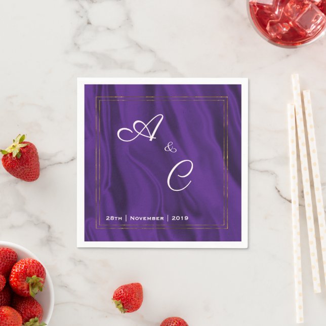 Purple Silk Monogrammed Wedding Napkin (Insitu)