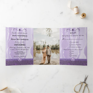 Purple Silk & Purple Foil & Pearls, Diamonds Tri-F Tri-Fold Invitation