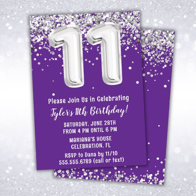 Purple Silver 11th Birthday Party Invitation (Creator Uploaded)