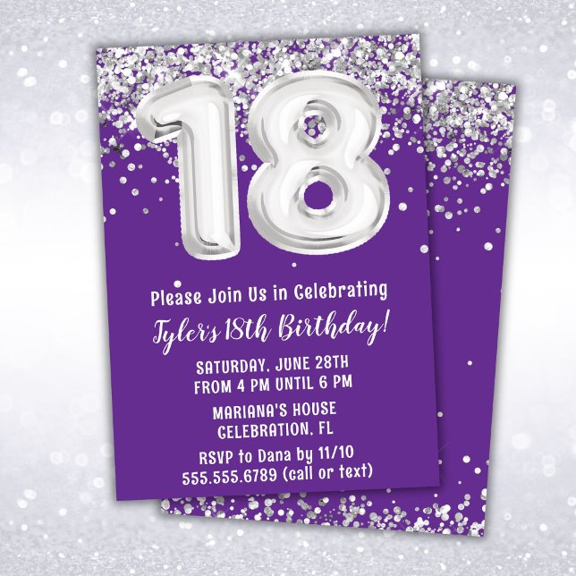 Purple Silver 18th Birthday Party Invitation (Creator Uploaded)