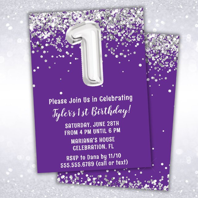 Purple Silver 1st Birthday Party Invitation (Creator Uploaded)