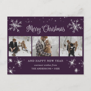 Purple Silver 3 Photo Merry Christmas Postcards